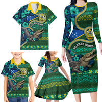 Personalised Solomon Islands Independence Day Family Matching Long Sleeve Bodycon Dress and Hawaiian Shirt Crocodile Hibiscus Tribal Pattern