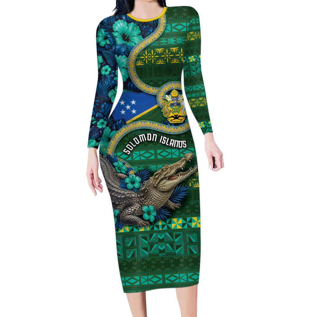 Personalised Solomon Islands Independence Day Family Matching Long Sleeve Bodycon Dress and Hawaiian Shirt Crocodile Hibiscus Tribal Pattern