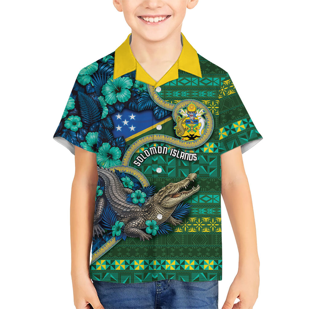 Personalised Solomon Islands Independence Day Family Matching Long Sleeve Bodycon Dress and Hawaiian Shirt Crocodile Hibiscus Tribal Pattern