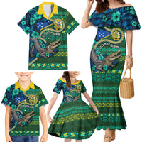 Personalised Solomon Islands Independence Day Family Matching Mermaid Dress and Hawaiian Shirt Crocodile Hibiscus Tribal Pattern