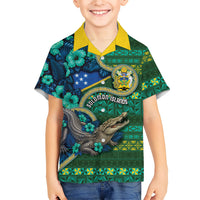 Personalised Solomon Islands Independence Day Family Matching Off The Shoulder Long Sleeve Dress and Hawaiian Shirt Crocodile Hibiscus Tribal Pattern