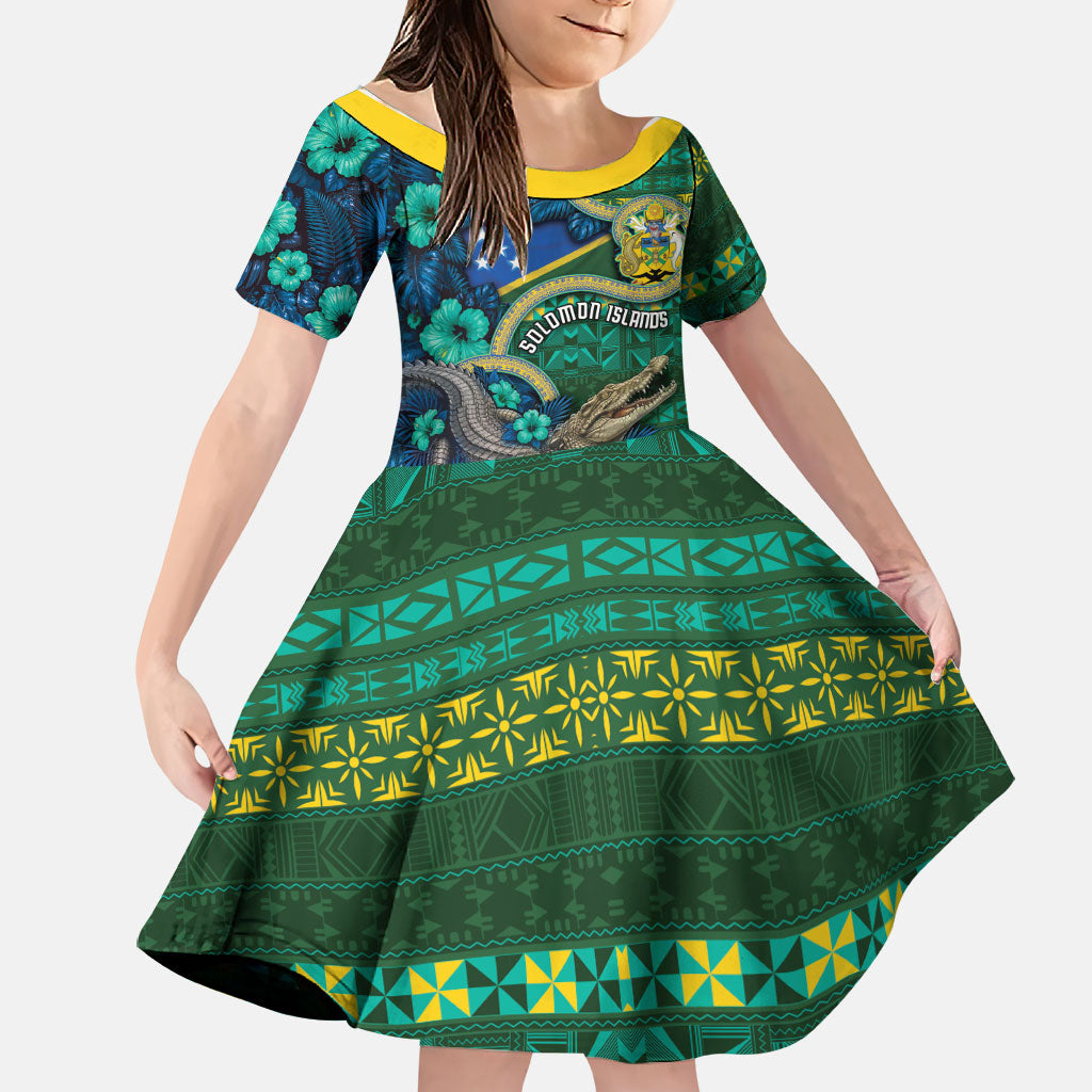 Personalised Solomon Islands Independence Day Family Matching Off Shoulder Maxi Dress and Hawaiian Shirt Crocodile Hibiscus Tribal Pattern