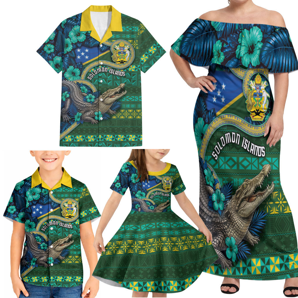 Personalised Solomon Islands Independence Day Family Matching Off Shoulder Maxi Dress and Hawaiian Shirt Crocodile Hibiscus Tribal Pattern DT05 - Polynesian Pride