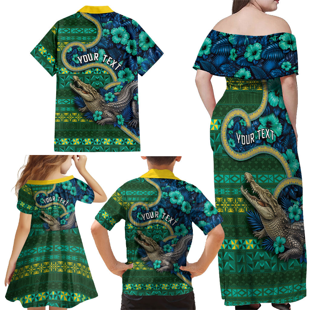 Personalised Solomon Islands Independence Day Family Matching Off Shoulder Maxi Dress and Hawaiian Shirt Crocodile Hibiscus Tribal Pattern