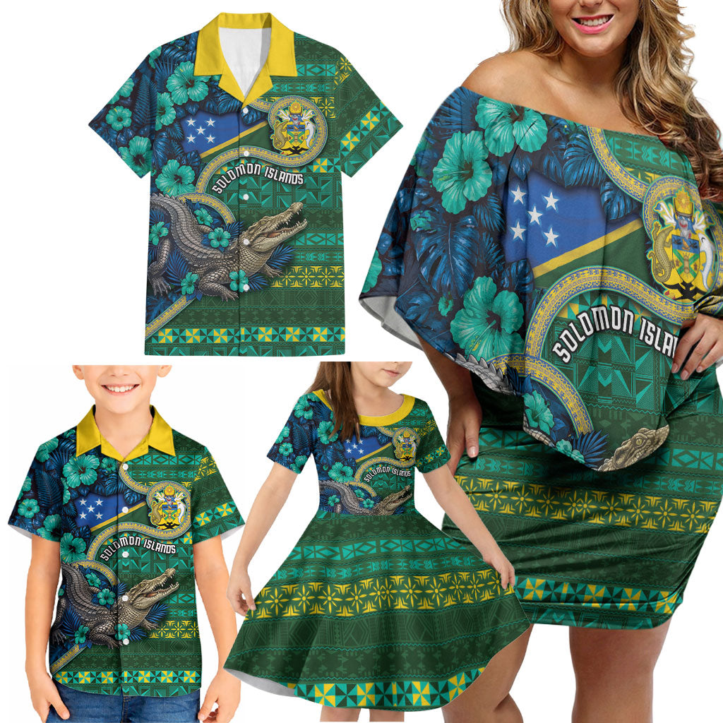 Personalised Solomon Islands Independence Day Family Matching Off Shoulder Short Dress and Hawaiian Shirt Crocodile Hibiscus Tribal Pattern DT05 - Polynesian Pride