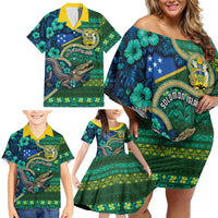 Personalised Solomon Islands Independence Day Family Matching Off Shoulder Short Dress and Hawaiian Shirt Crocodile Hibiscus Tribal Pattern