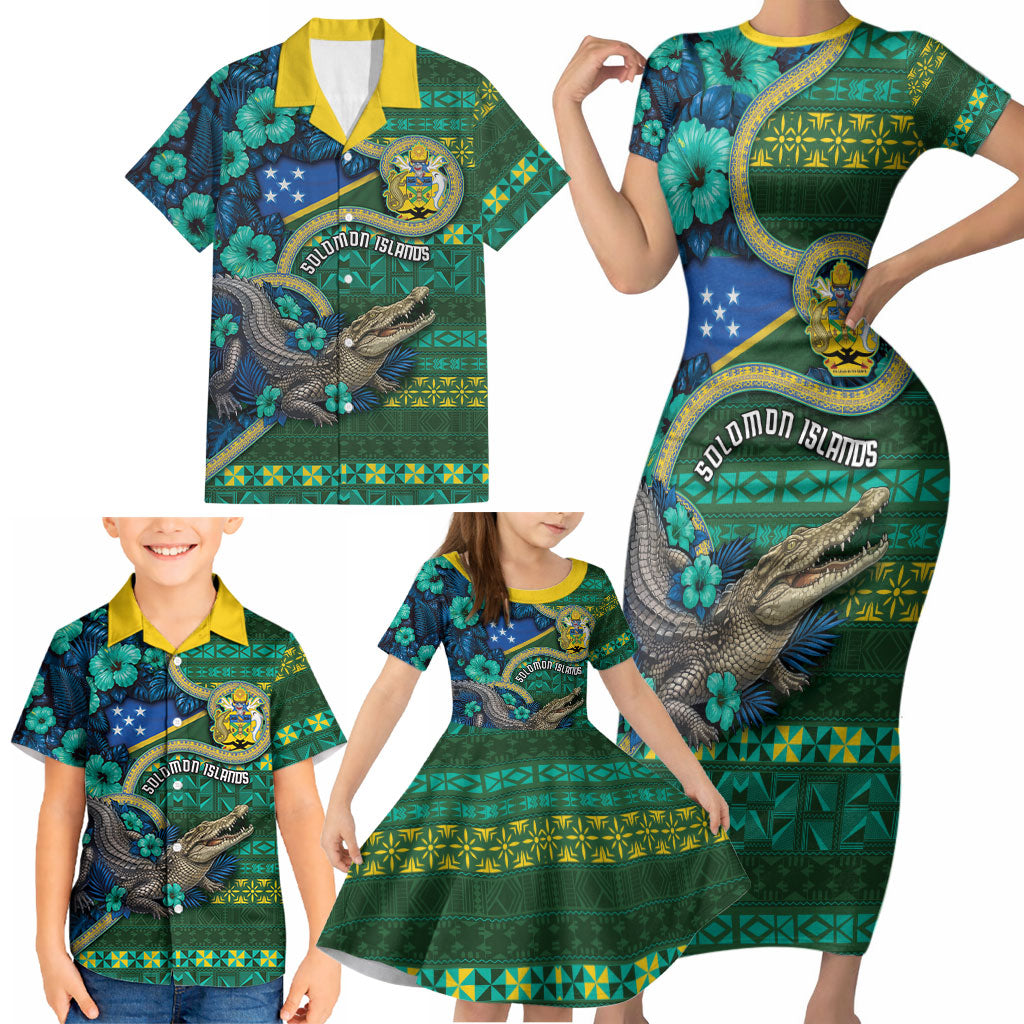 Personalised Solomon Islands Independence Day Family Matching Short Sleeve Bodycon Dress and Hawaiian Shirt Crocodile Hibiscus Tribal Pattern DT05 - Polynesian Pride