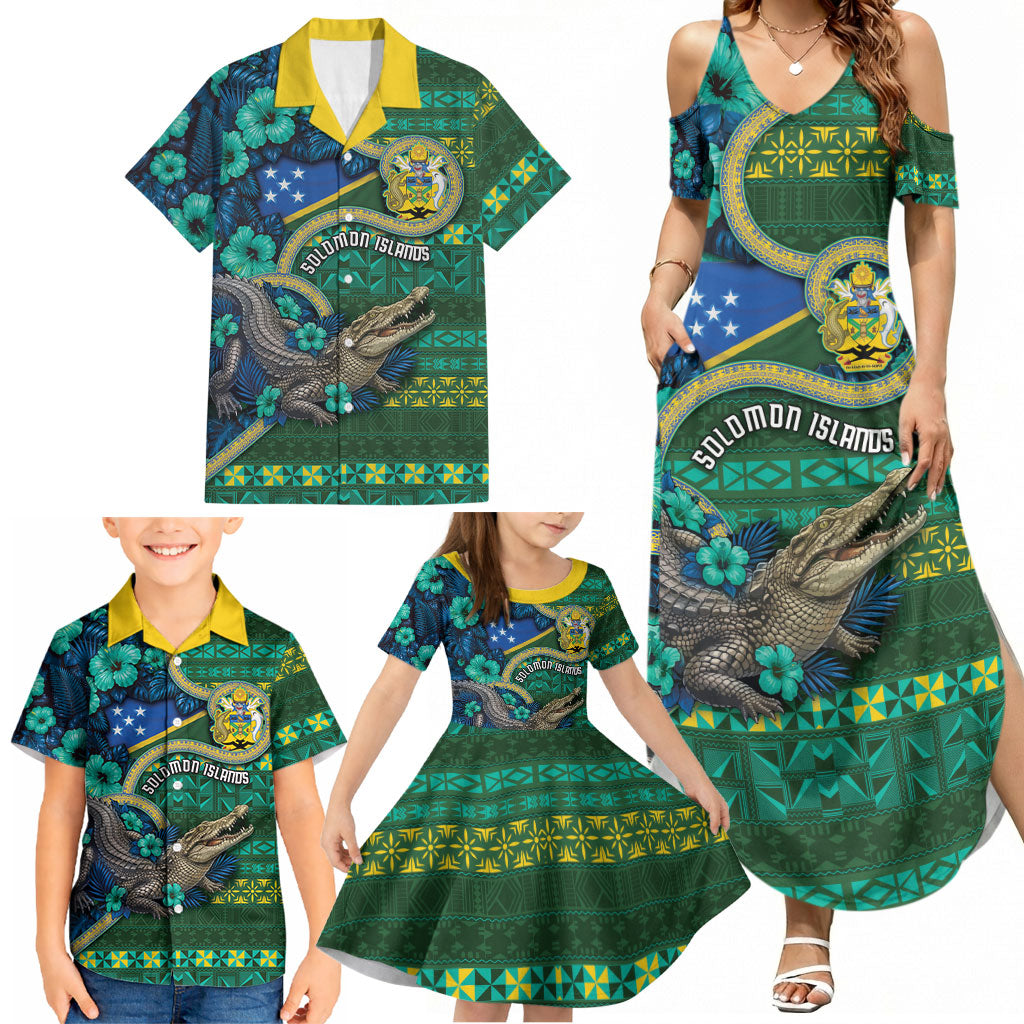Personalised Solomon Islands Independence Day Family Matching Summer Maxi Dress and Hawaiian Shirt Crocodile Hibiscus Tribal Pattern DT05 - Polynesian Pride