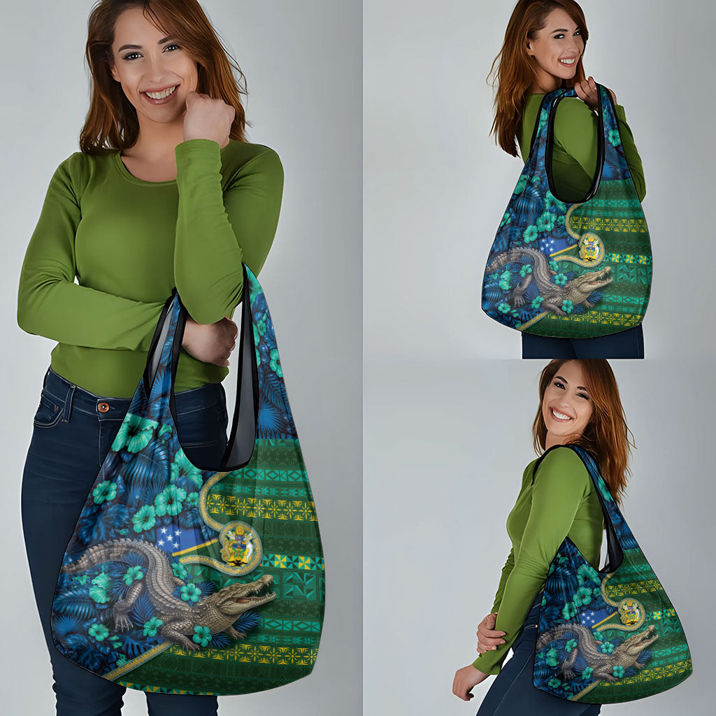Solomon Islands Independence Day Grocery Bag Crocodile Hibiscus Tribal Pattern