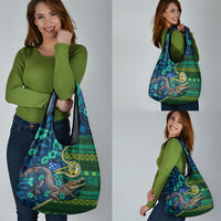 Solomon Islands Independence Day Grocery Bag Crocodile Hibiscus Tribal Pattern