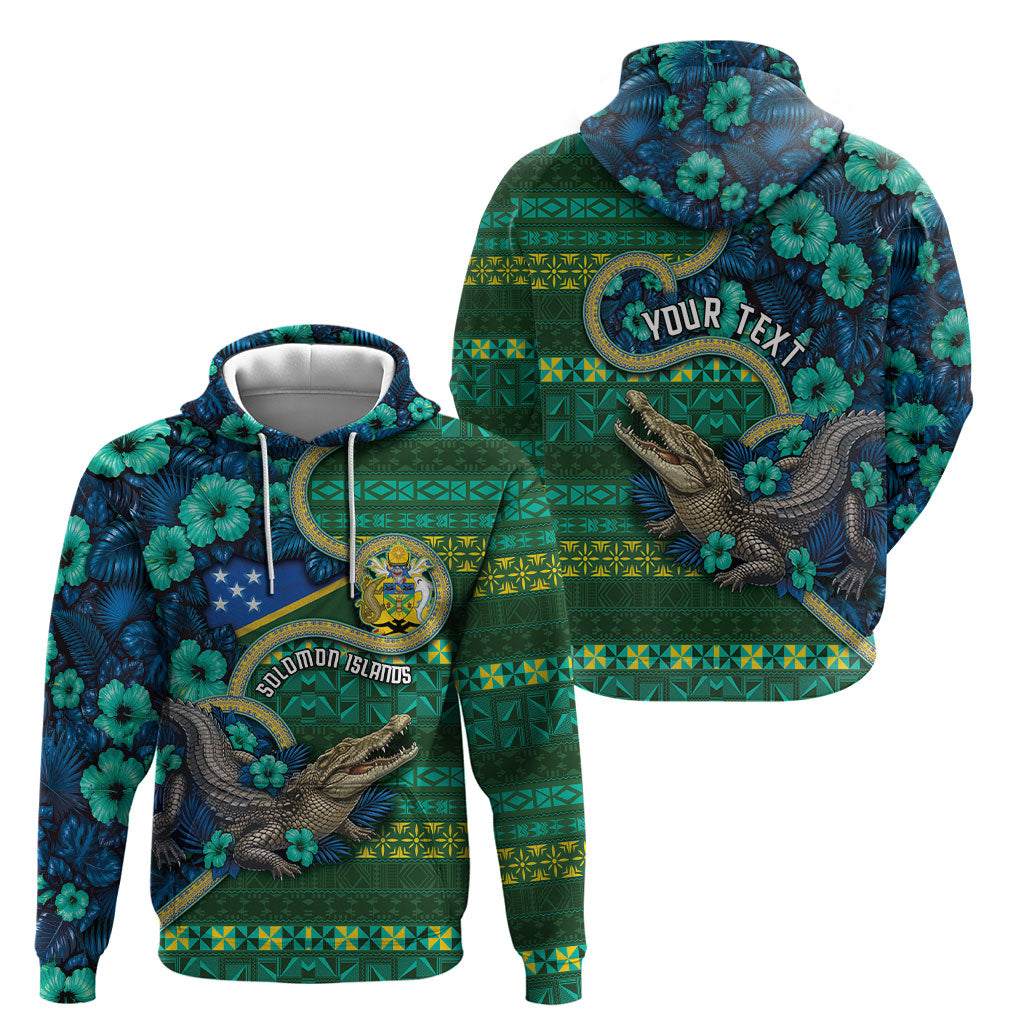 Personalised Solomon Islands Independence Day Hoodie Crocodile Hibiscus Tribal Pattern
