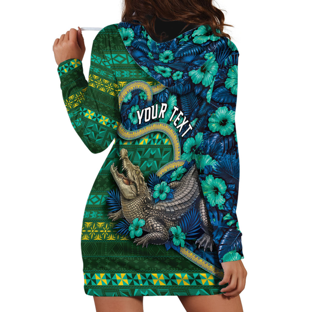 Personalised Solomon Islands Independence Day Hoodie Dress Crocodile Hibiscus Tribal Pattern