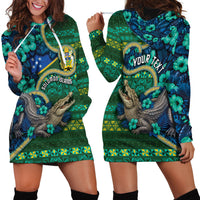 Personalised Solomon Islands Independence Day Hoodie Dress Crocodile Hibiscus Tribal Pattern