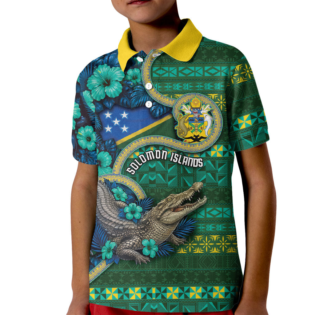 Personalised Solomon Islands Independence Day Kid Polo Shirt Crocodile Hibiscus Tribal Pattern