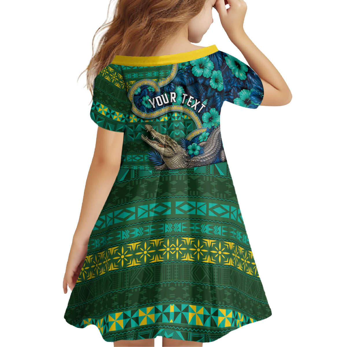 Personalised Solomon Islands Independence Day Kid Short Sleeve Dress Crocodile Hibiscus Tribal Pattern