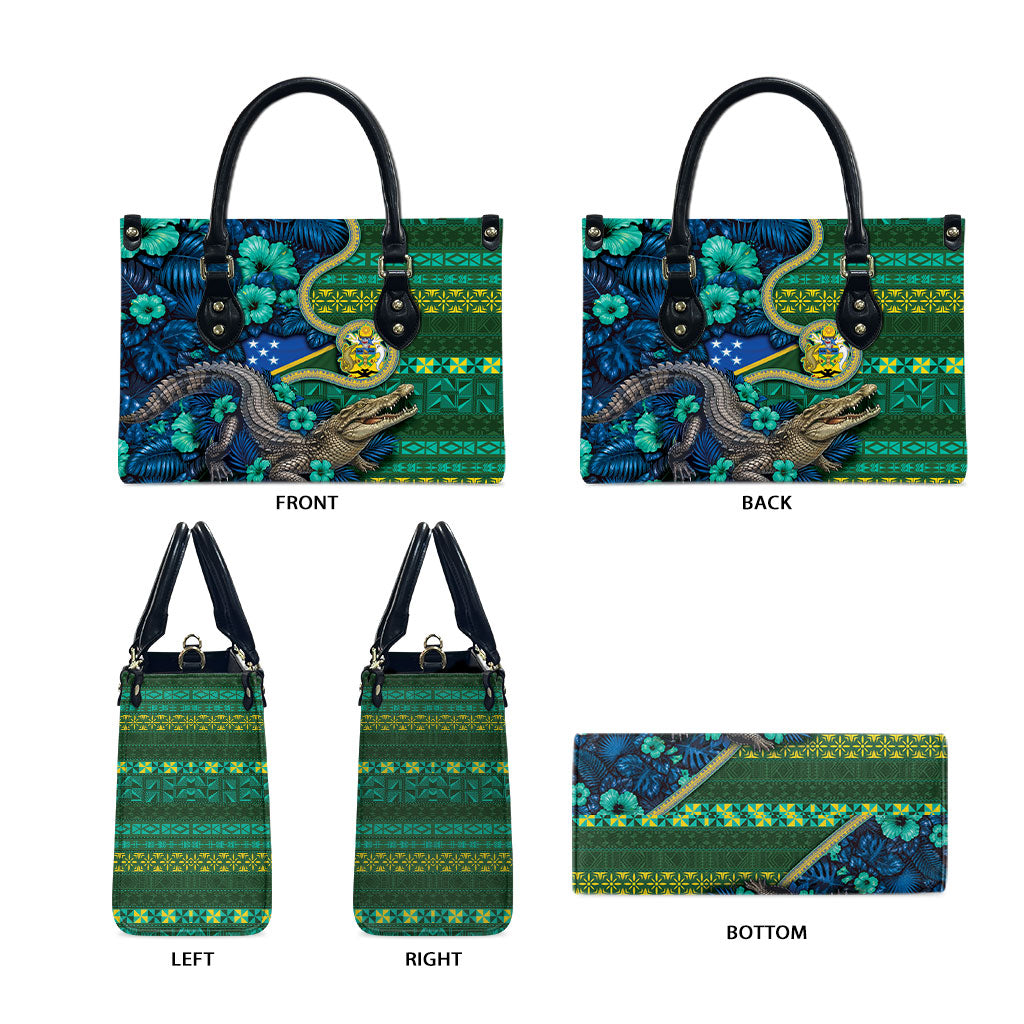 Solomon Islands Independence Day Leather Bag Crocodile Hibiscus Tribal Pattern