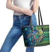 Solomon Islands Independence Day Leather Tote Bag Crocodile Hibiscus Tribal Pattern