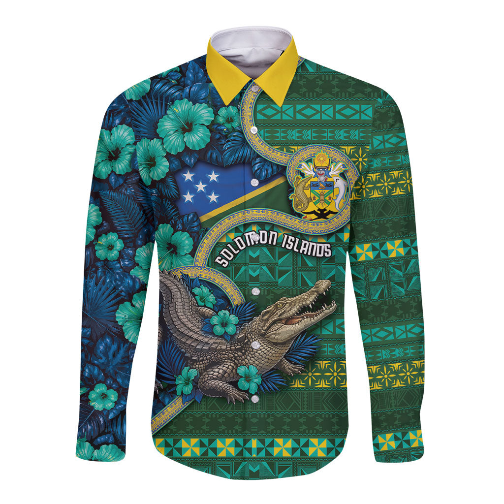 Personalised Solomon Islands Independence Day Long Sleeve Button Shirt Crocodile Hibiscus Tribal Pattern