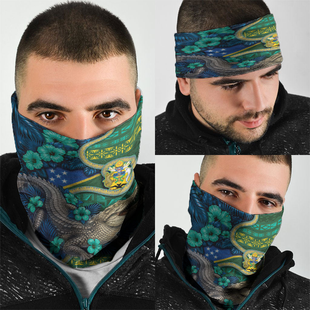 Solomon Islands Independence Day Neck Gaiter Crocodile Hibiscus Tribal Pattern