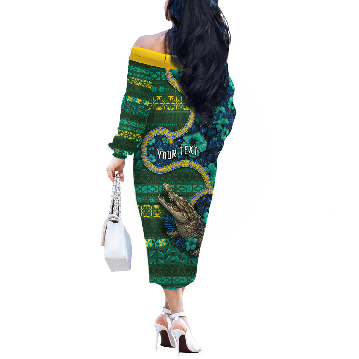 Personalised Solomon Islands Independence Day Off The Shoulder Long Sleeve Dress Crocodile Hibiscus Tribal Pattern