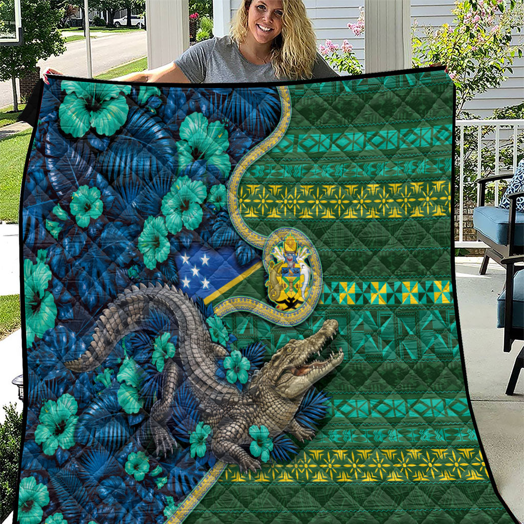 Solomon Islands Independence Day Quilt Crocodile Hibiscus Tribal Pattern