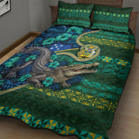 Solomon Islands Independence Day Quilt Bed Set Crocodile Hibiscus Tribal Pattern