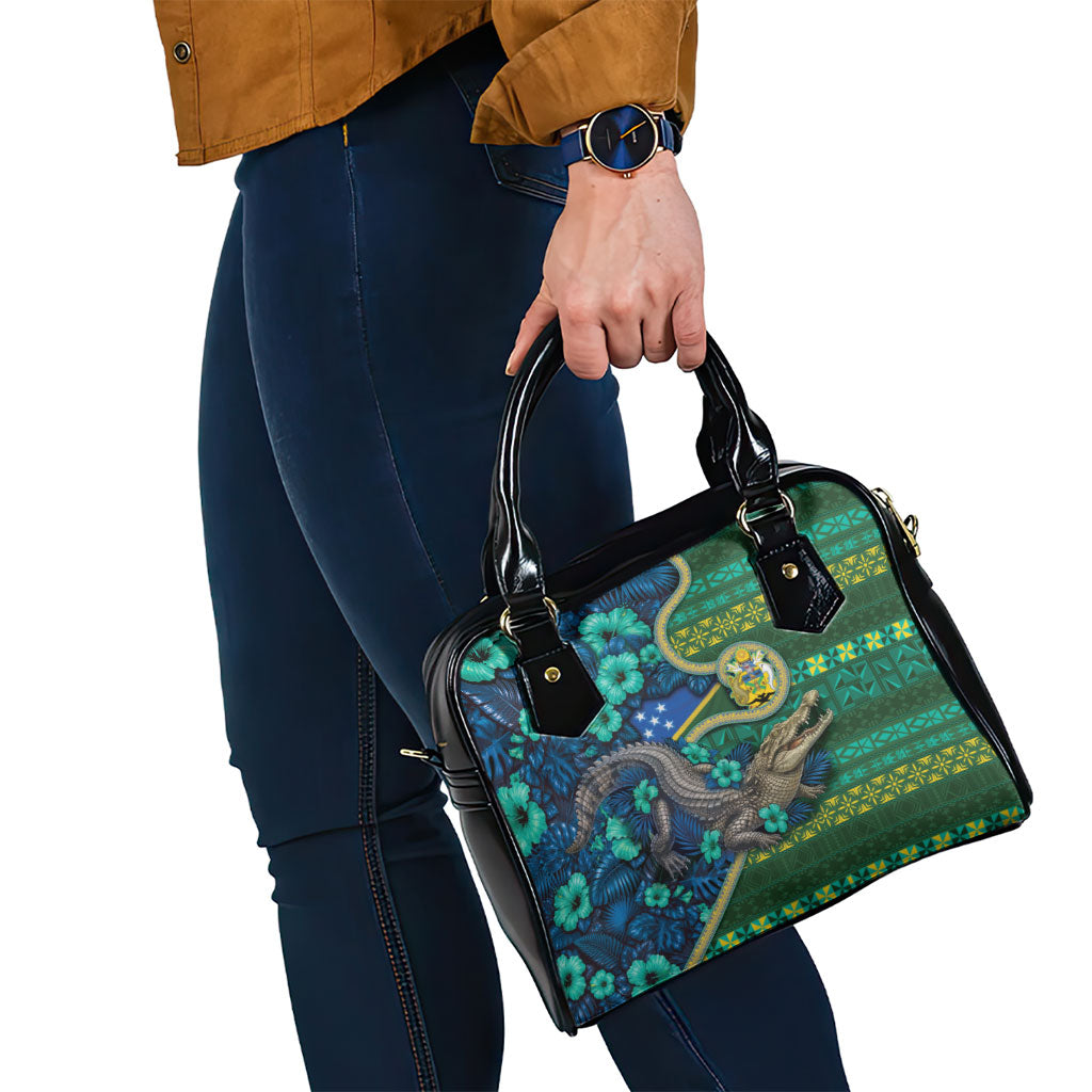 Solomon Islands Independence Day Shoulder Handbag Crocodile Hibiscus Tribal Pattern