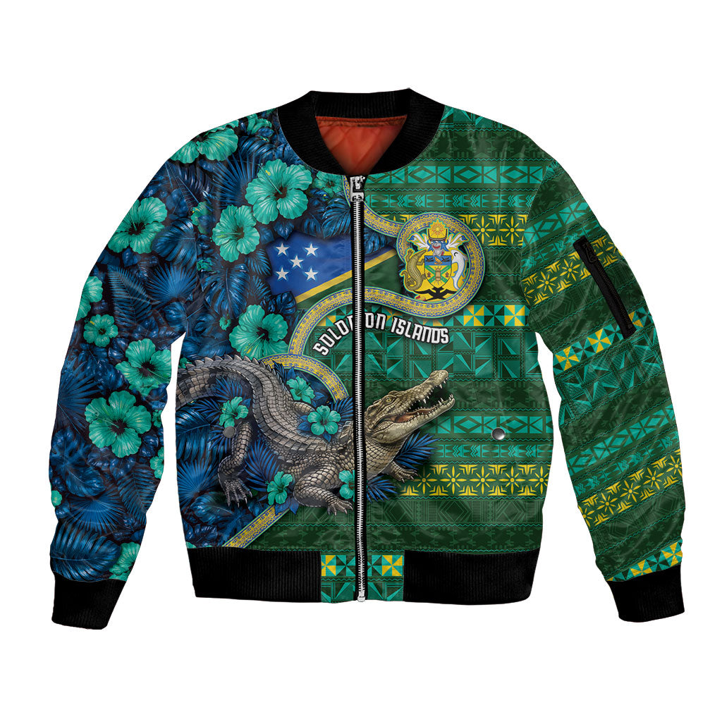 Personalised Solomon Islands Independence Day Sleeve Zip Bomber Jacket Crocodile Hibiscus Tribal Pattern