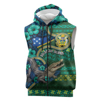 Personalised Solomon Islands Independence Day Sleeveless Zip Hoodie Crocodile Hibiscus Tribal Pattern