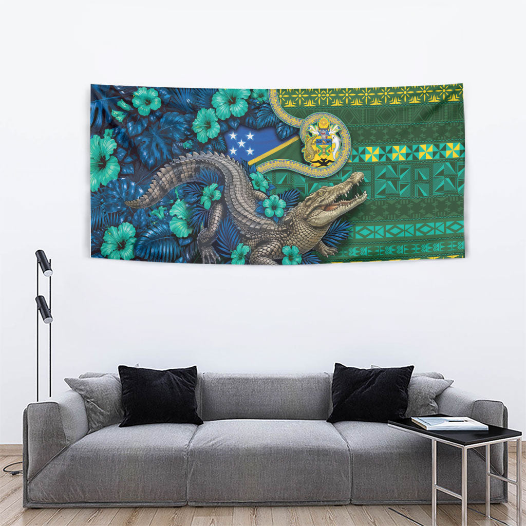 Solomon Islands Independence Day Tapestry Crocodile Hibiscus Tribal Pattern