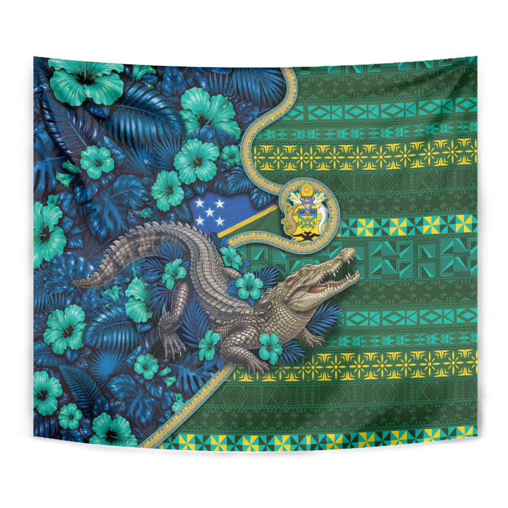 Solomon Islands Independence Day Tapestry Crocodile Hibiscus Tribal Pattern