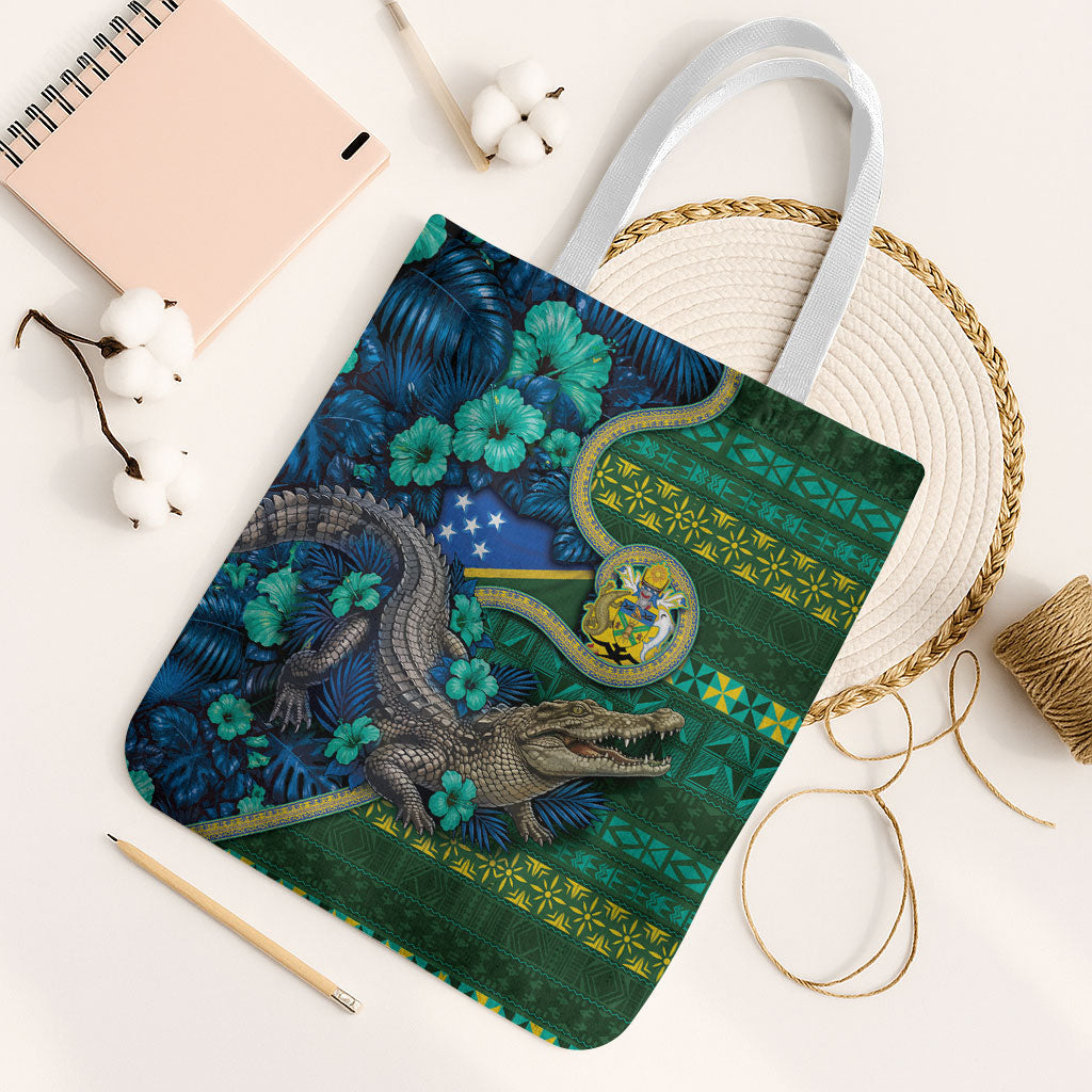 Solomon Islands Independence Day Tote Bag Crocodile Hibiscus Tribal Pattern