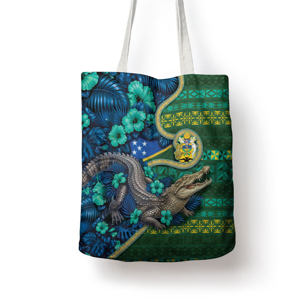 Solomon Islands Independence Day Tote Bag Crocodile Hibiscus Tribal Pattern