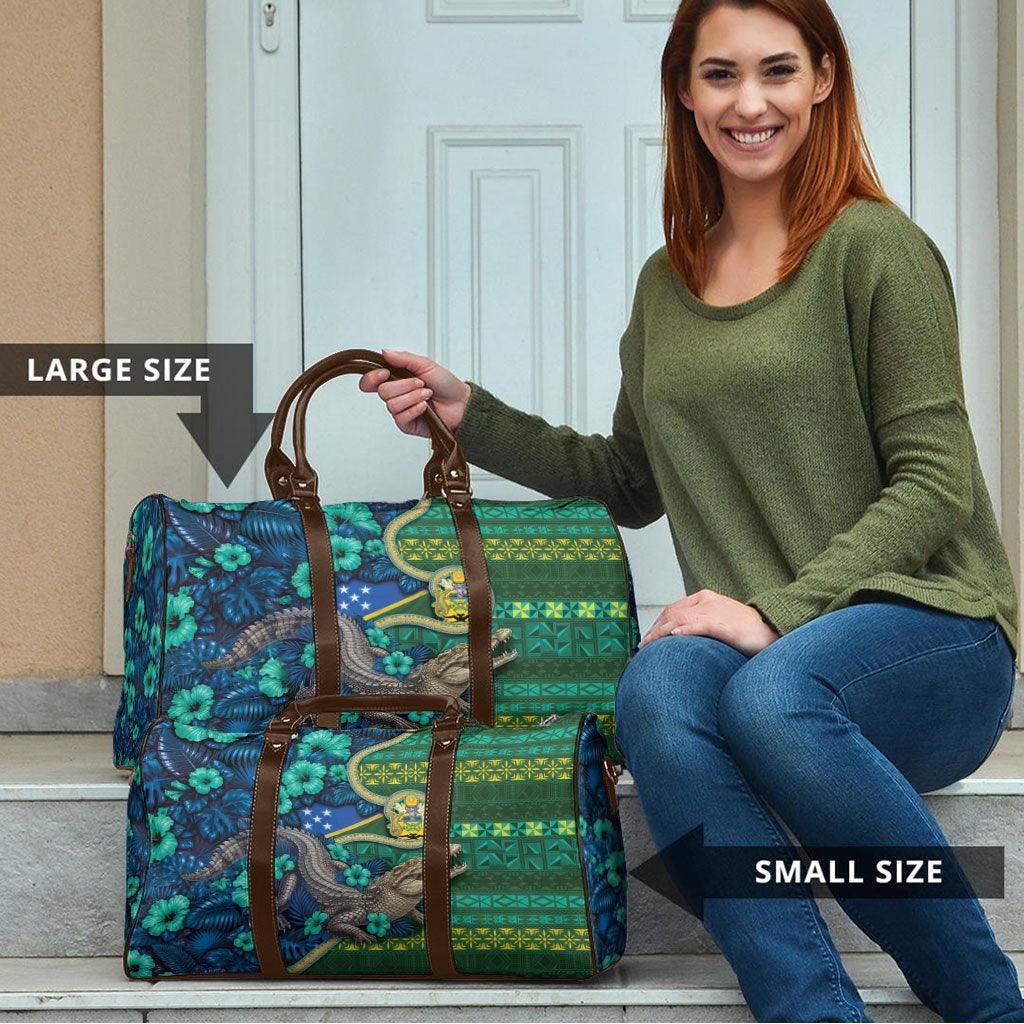 Solomon Islands Independence Day Travel Bag Crocodile Hibiscus Tribal Pattern