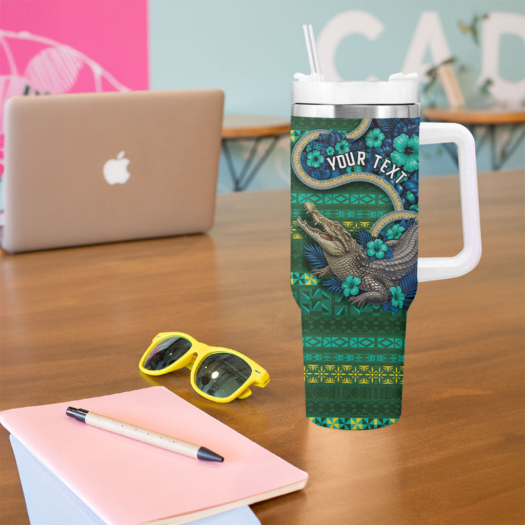 Personalised Solomon Islands Independence Day Tumbler With Handle Crocodile Hibiscus Tribal Pattern