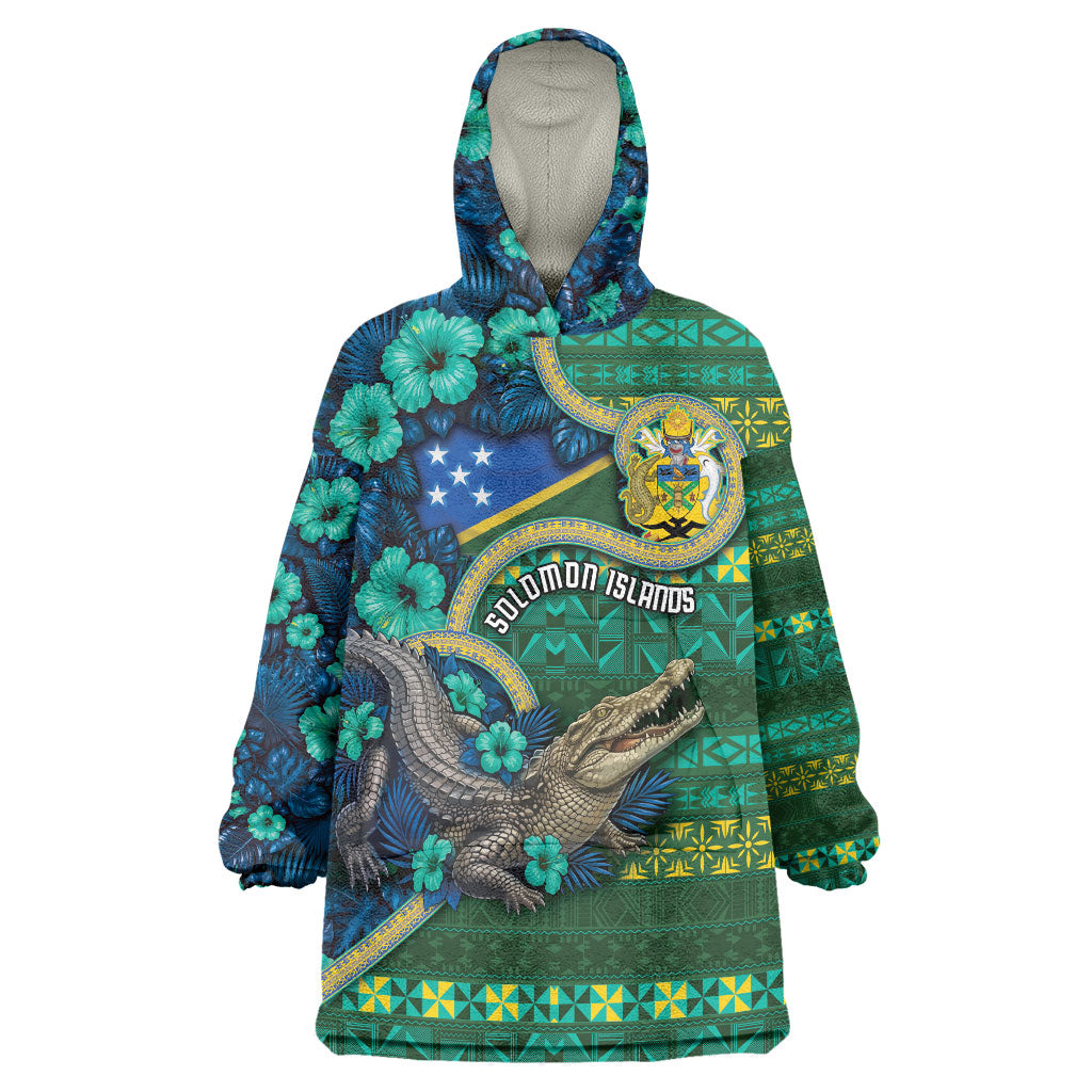 Personalised Solomon Islands Independence Day Wearable Blanket Hoodie Crocodile Hibiscus Tribal Pattern