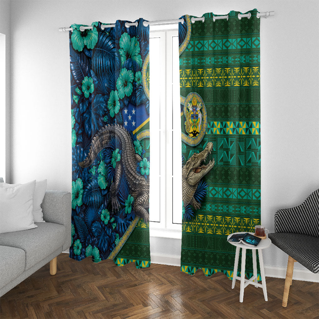 Solomon Islands Independence Day Window Curtain Crocodile Hibiscus Tribal Pattern