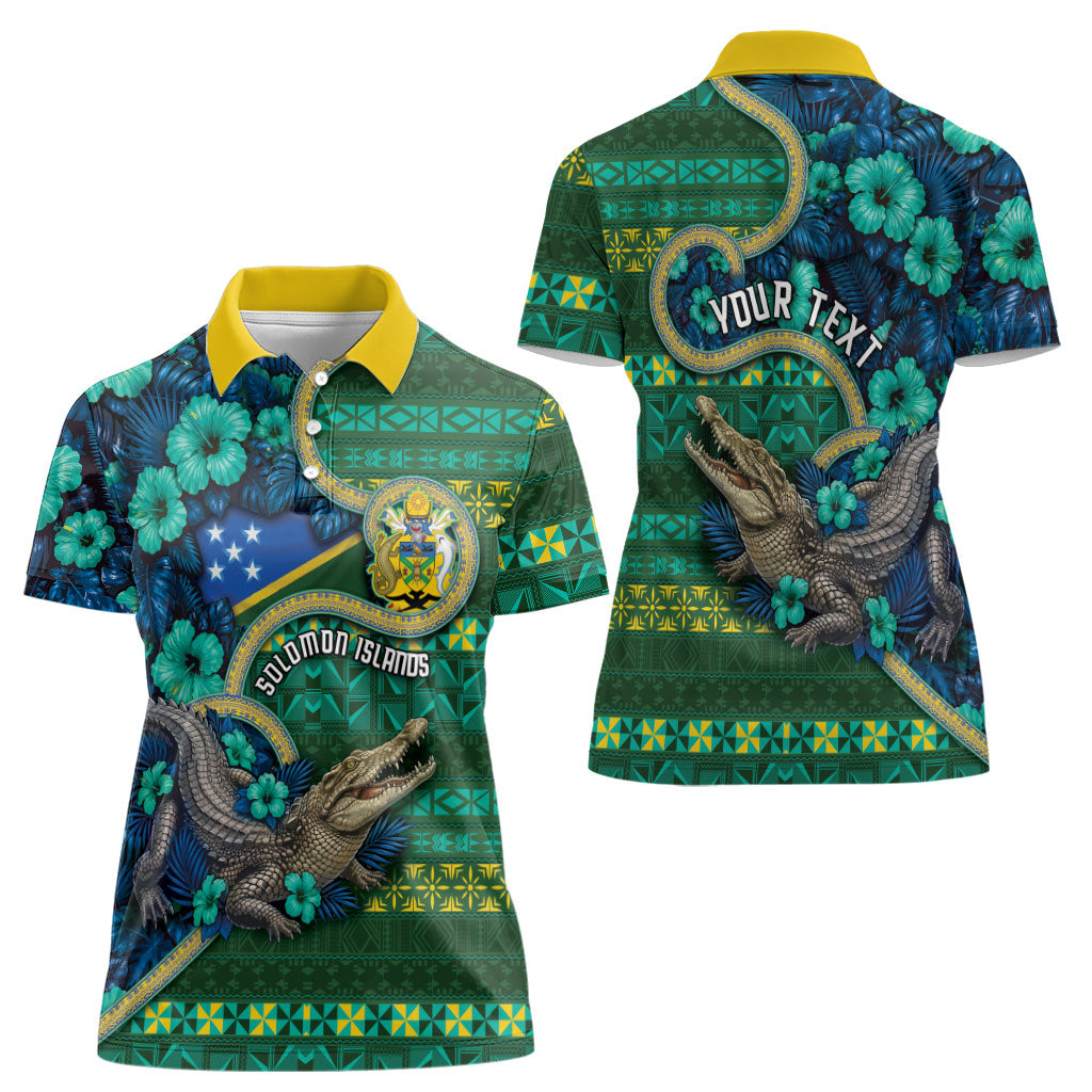 Personalised Solomon Islands Independence Day Women Polo Shirt Crocodile Hibiscus Tribal Pattern