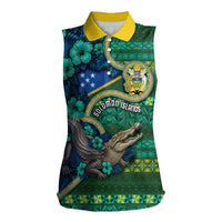 Personalised Solomon Islands Independence Day Women Sleeveless Polo Shirt Crocodile Hibiscus Tribal Pattern