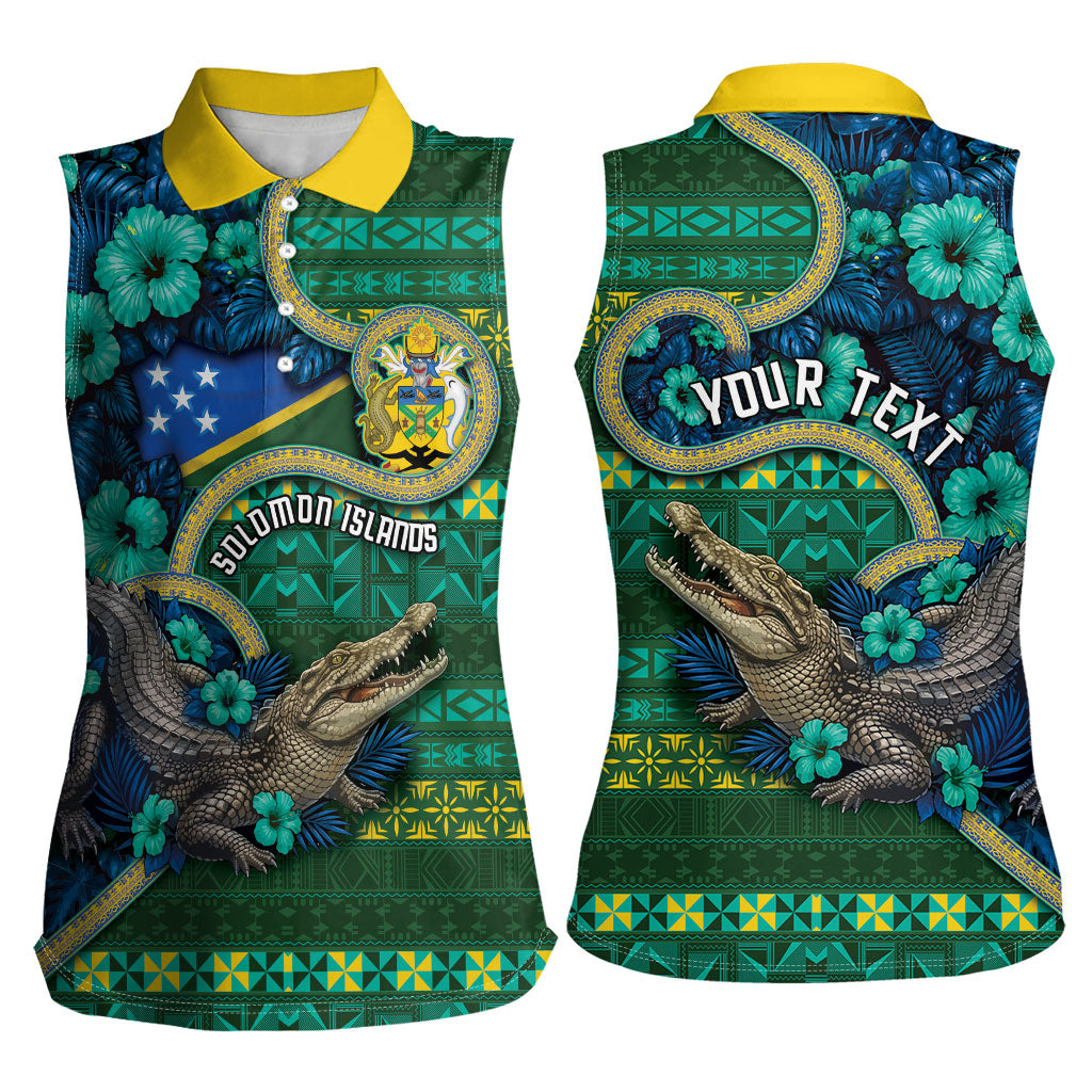 Personalised Solomon Islands Independence Day Women Sleeveless Polo Shirt Crocodile Hibiscus Tribal Pattern