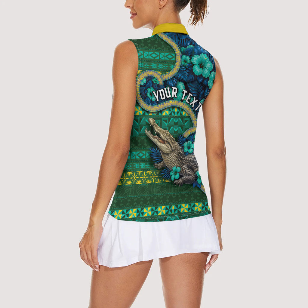 Personalised Solomon Islands Independence Day Women Sleeveless Polo Shirt Crocodile Hibiscus Tribal Pattern