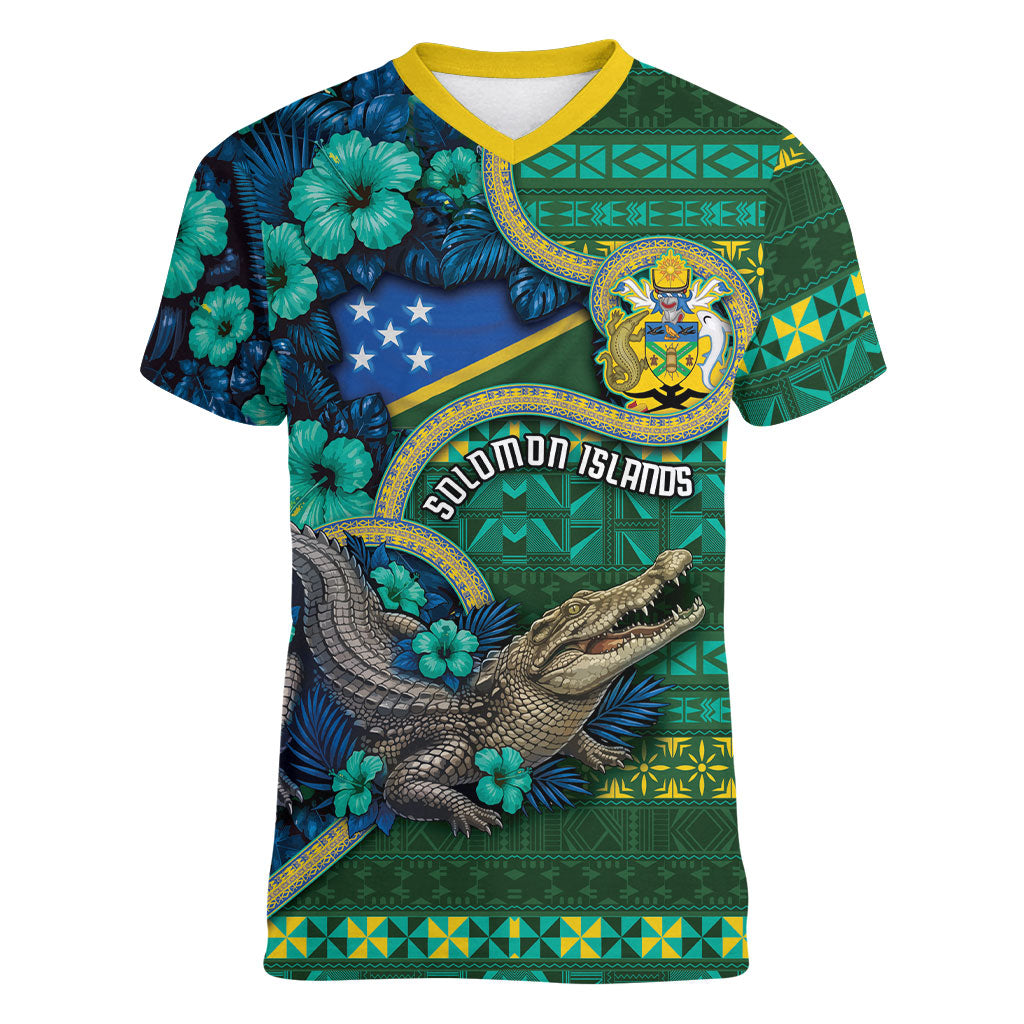 Personalised Solomon Islands Independence Day Women V-Neck T-Shirt Crocodile Hibiscus Tribal Pattern