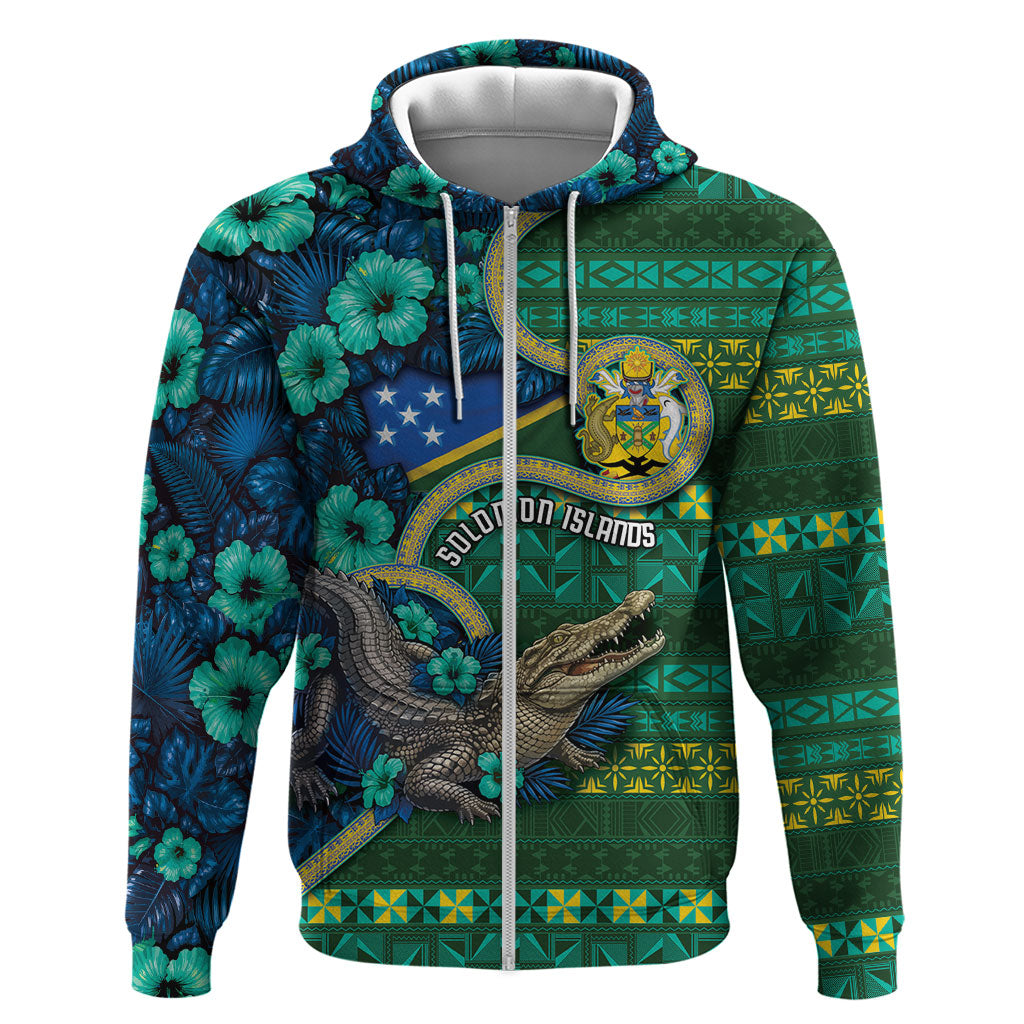 Personalised Solomon Islands Independence Day Zip Hoodie Crocodile Hibiscus Tribal Pattern