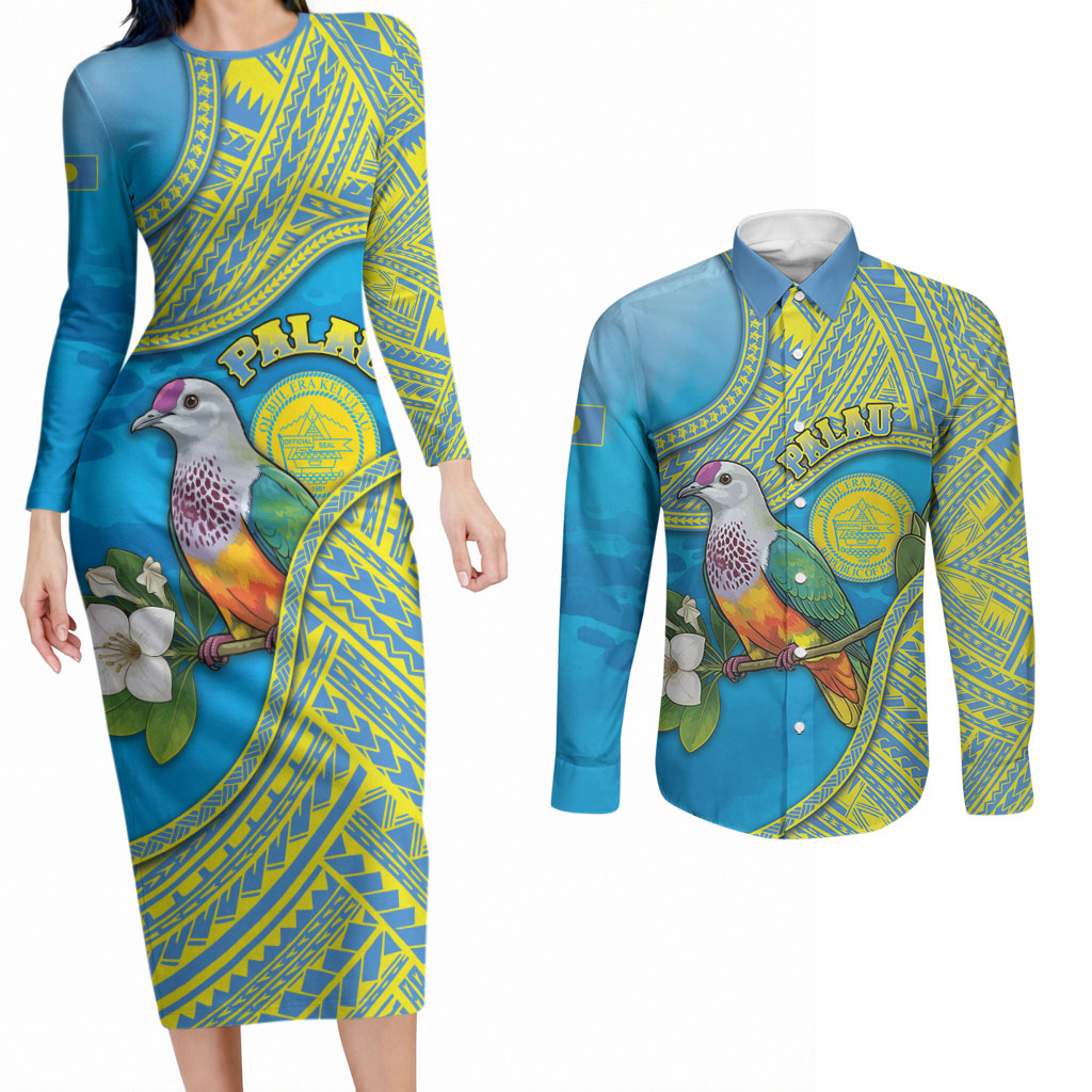 Personalised Palau Biib Bird Couples Matching Long Sleeve Bodycon Dress and Long Sleeve Button Shirt Rur Flower And Rock Islands Patterns DT05 Blue - Polynesian Pride