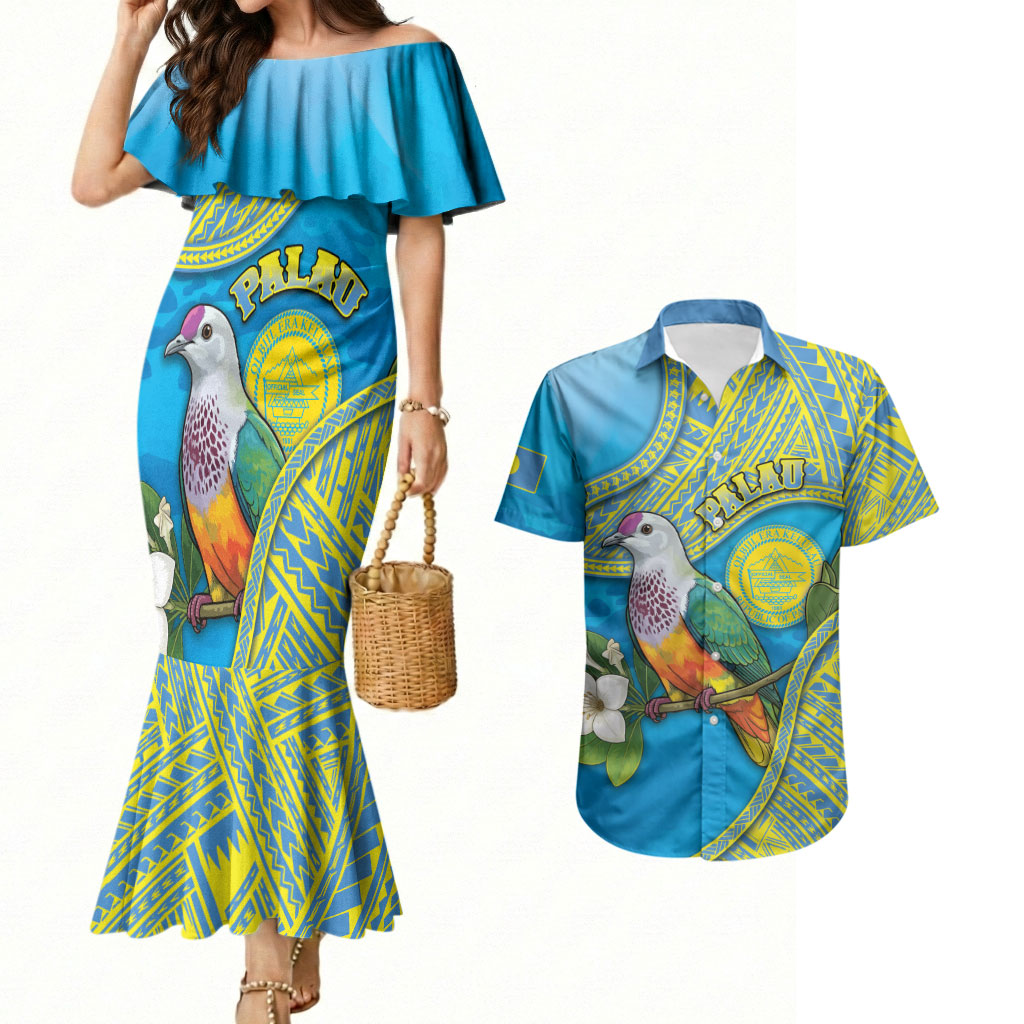 Personalised Palau Biib Bird Couples Matching Mermaid Dress and Hawaiian Shirt Rur Flower And Rock Islands Patterns DT05 Blue - Polynesian Pride