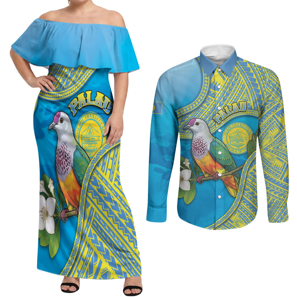 Personalised Palau Biib Bird Couples Matching Off Shoulder Maxi Dress and Long Sleeve Button Shirt Rur Flower And Rock Islands Patterns DT05 Blue - Polynesian Pride