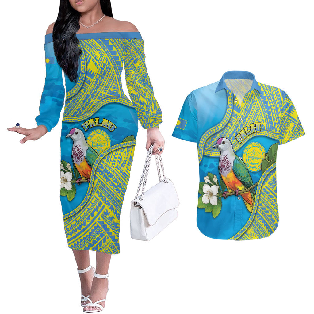 Personalised Palau Biib Bird Couples Matching Off The Shoulder Long Sleeve Dress and Hawaiian Shirt Rur Flower And Rock Islands Patterns