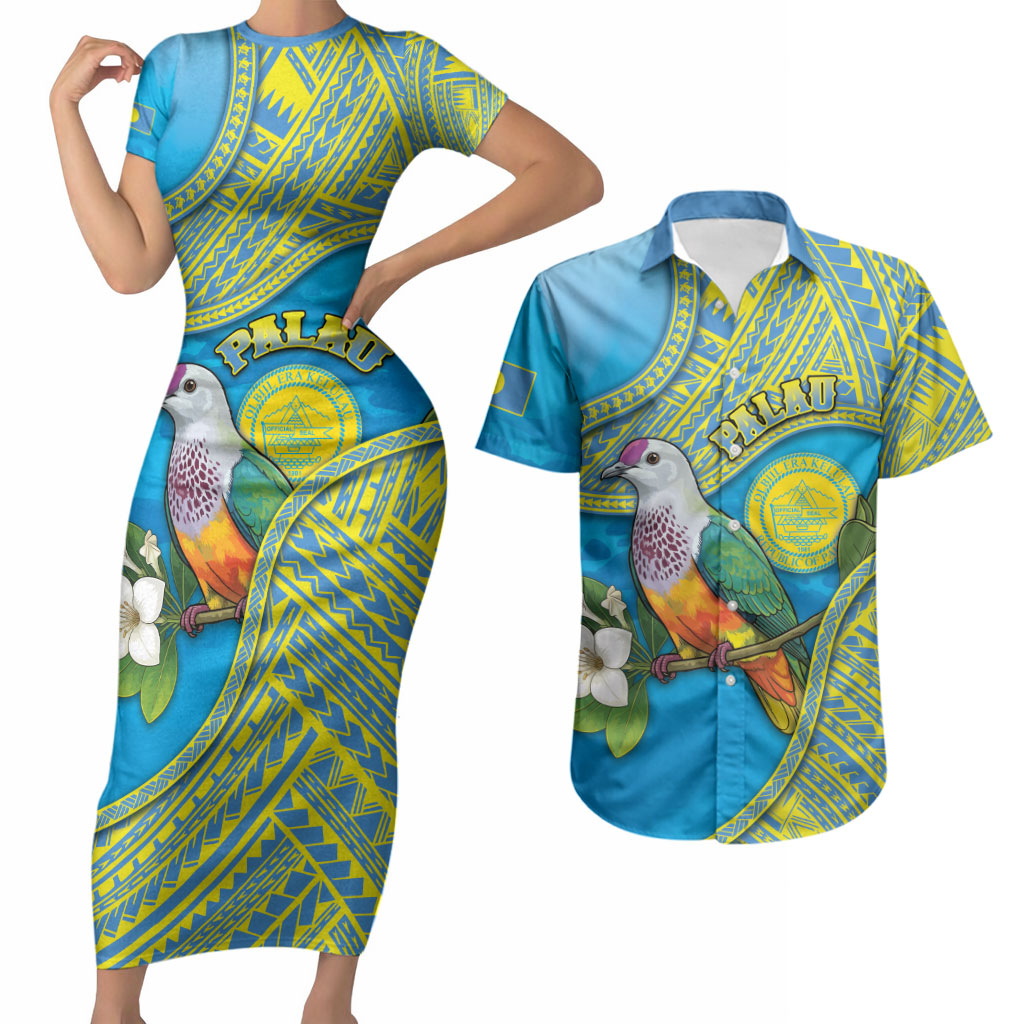 Personalised Palau Biib Bird Couples Matching Short Sleeve Bodycon Dress and Hawaiian Shirt Rur Flower And Rock Islands Patterns DT05 Blue - Polynesian Pride