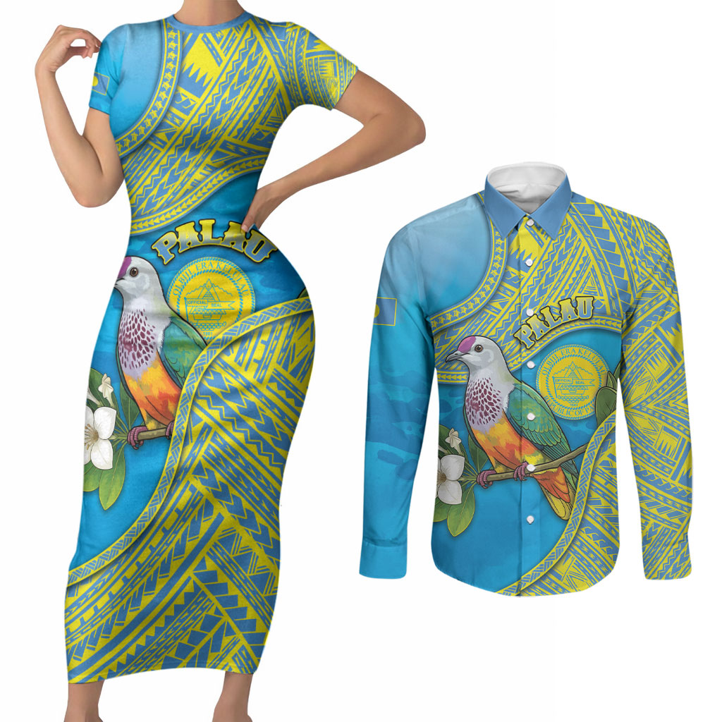 Personalised Palau Biib Bird Couples Matching Short Sleeve Bodycon Dress and Long Sleeve Button Shirt Rur Flower And Rock Islands Patterns DT05 Blue - Polynesian Pride