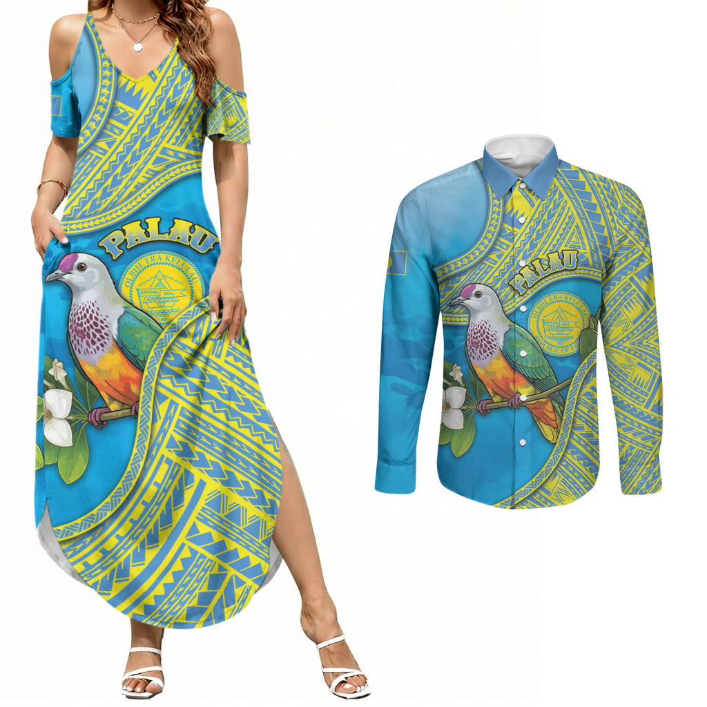 Personalised Palau Biib Bird Couples Matching Summer Maxi Dress and Long Sleeve Button Shirt Rur Flower And Rock Islands Patterns DT05 Blue - Polynesian Pride